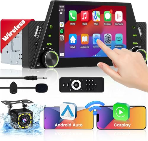 Autoradio 1 DIN Schermo Autoradio Wireless CarPlay Android Auto, 5 Pollici Touchscreen Radio Stereo con Vivavoce Bluetooth Mirror Link FM EQ Microfono Retrocamera
