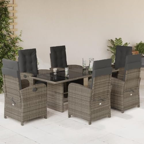 SECOLI Polyrattan Sitzgruppe Garten Essgruppe 6 Personen Rattan Gartenmöbel Set mit 6 Rattansessel Hochlehner Verstellbar Essgruppe Outdoor Gartengarnitur Sitzgarnitur Grau 7-tlg-Type-201