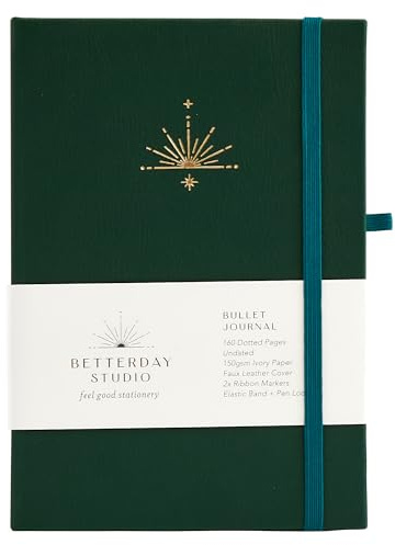Betterday Studio – Odaterad Bullet Journal – 160 prickade sidor med fuskläderfodral, 2 x bandmarkörer för bokmärkning, dagbok med pennögla, journal anteckningsbok för klotter – tallgrön