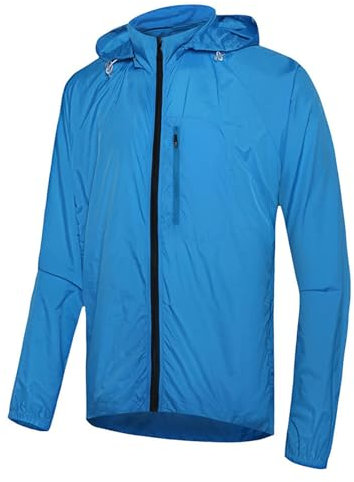 CLMETHE Fahrrad-Laufjacken für Herren und Damen, wasserdicht, winddicht, schnelltrocknend, Trikots mit durchgehendem Reißverschluss und Kapuze, Regenmantel für Fahrrad,Blue-M