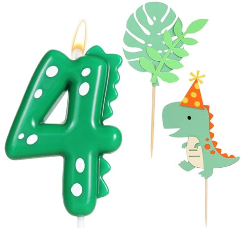 Ronoza Geburtstagskerzen Zahlen 4, Dinosaurier Kerzen Geburtstag, Geburtstagskerze, Geburtstagskerzen für Torte, Kerze 4, Grün Kerzen Zahlen, mit 2 Stück Dinosaurier Happy Birthday Cake Topper