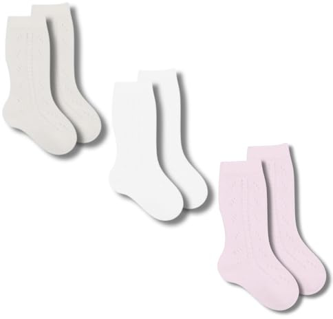 Coccoli | 3 Paia di Calzini Lunghi Neonato in Cotone Elasticizzato con Motivo Traforato, Calzini Traforati Neonato a Tinta Unita, Made in Italy (panna-bianco-rosa, 20/21)