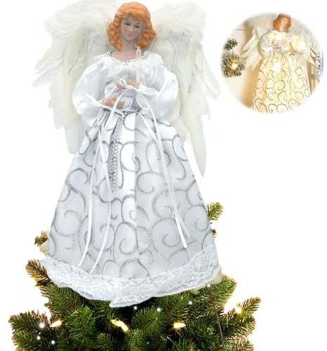 32CM áNgel De áRbol De Navidad, Adorno Punta Arbol Navidad con Led Luz Angel para Arbol DecoracióN con Aalas de Plumas Adornos para Decor Hogar Y Fiestas