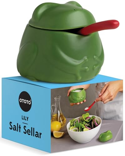 OTOTO NEW Lily Salt Cellar with Lid and Spoon - 6 oz Frog Salt Containers for Countertop, Ceramic Salt Holder with Lid for Sugar, Frog Stuff, White Elephant Gifts, Cute Fun Kitchen Gifts Accessories