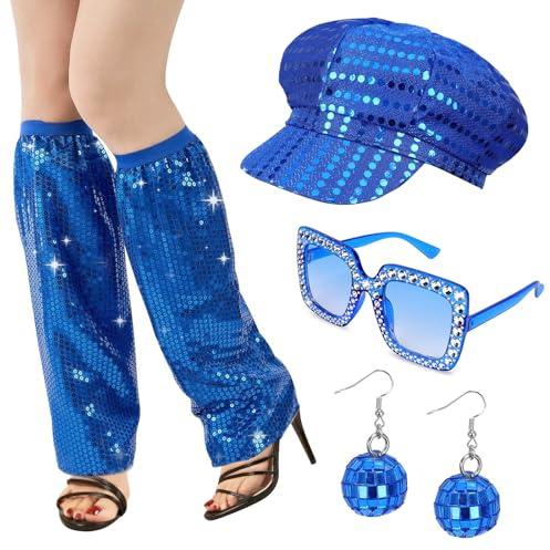 Xerteam 6 Stück 70er Jahre Disco Zubehör, 70er Jahre Fasching Frauen Zubehör, Paillettenhut, Rahmen, Bling Sonnenbrille Ohrringe, Beinstulpen, Disco-Kostüm-Set für Damen, Retro 70 Themenparty,