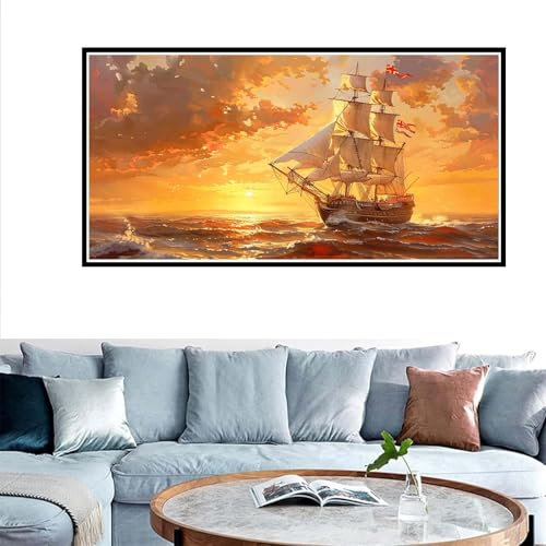 Malen Nach Zahlen Erwachsene Segelboote, Meer Malen Nach Zahlen ab 7 Jahre Mädchen Geschenk, DIY Ölgemälde AnfäNger Bastelset, Knitterfreie Leinwand, mit 3 Pinsels Und Acrylfarbe, Wandeko 50x100cm