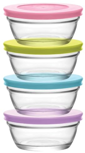 vienberg 8tlg Glasschalen Set mit Deckel | 250ml | Glasschüssel Set | Aufbewahrungs-Glas | Müslischale, Dessertschale, Küche Frischhalteglas Vorratsdosen 4x Schalen + 4x Deckel Buntd