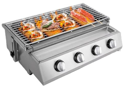 WSIKGHU Barbecue a gas a 4 fuochi GPL a gas, senza fumo, in acciaio inox, per terrazze e giardini, per grigliare pollo e kebab 58 x 40 x 20 cm