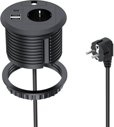 BQO Sänkbart inbyggt uttag med 2 USB-A, 1 USB-C | Ø 80 mm, 2 m kabel, svart för köksbänkskiva, skrivbord