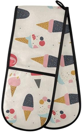 Oven Gloves Double Oven Gloves Ice Cream Yellow Oven Mitts Pot Holder Heat Resistant Quilted for BBQ Baking Kitchen Cooking Gloves