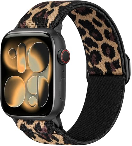 Ynitec Leopard Print Straps for Apple Watch 40mm 38mm 41mm 42mm, Stretchy Sports Ankle Arm Strap for iWatch Series 11 10 9 8 7 6 5 4, SE 3 2 1 Ultra, Stylish Elastic Nylon Loop Bands for Women, Leo