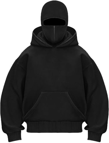 PADOLA Balaclava 1/4 Zip Hoodie mit Sturmhaube Oversized Y2K Doppelkapuze Winddichter Ninja Fleece Übergangsjacke Einfarbig Mask Kapuzenpullover