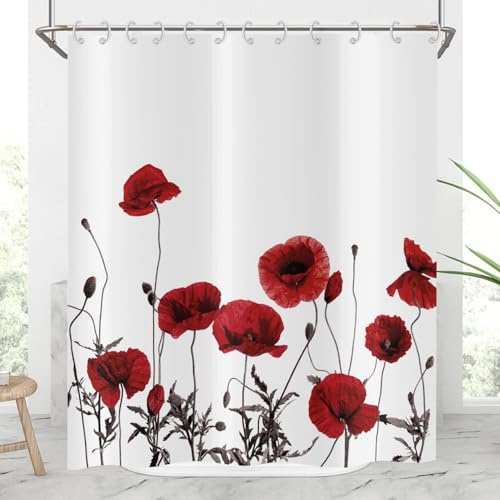 Hnmdmyi Duschvorhang Blumen 180x220, Rote Mohnblume Vintage Natur Botanische Blumenstrauß Pflanze Moderne Badewanne Vorhang Wasserdicht Polyester Stoff Waschbar Badevorhang für Badezimmer mit Haken