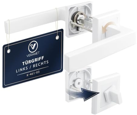 VERAMET Türgriffe Innentüren Türklinke Innen mit WC Geteilte Rosette Set | Türgriff Aluminium Drückergarnitur Zimmertür für Badezimmer Handle Eckig Garnitur Drehverschlus Türen 40-62mm Weiß – CUBE
