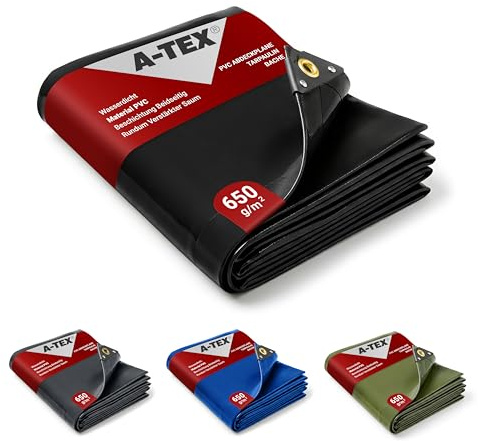 A-TEX® PVC Abdeckplane 650g/m² LKW Plane mit Ösen | Verschiedene Größen und Farben wählbar | Gartenplane Bauplane Bootsplane Holzplane | wasserdicht | reißfest | uv-stabilisiert (Schwarz, 4 x 5 m)