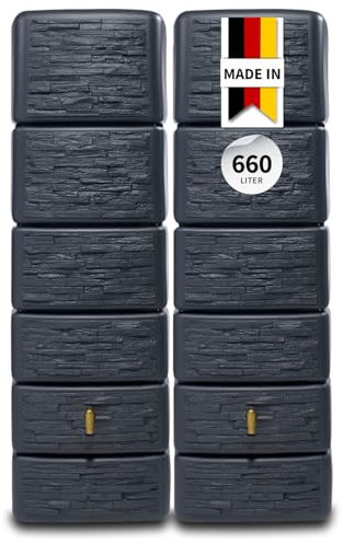 4rain Slim Stone Decor Set Regentonne 660L, Graphite Grey, 2X Slim 330L, inkl. Verbinder - Wandtank, Wassertank, Regenfass, Regenwassertonne, Wasserbehälter, Regenwassertank, Wassertonne