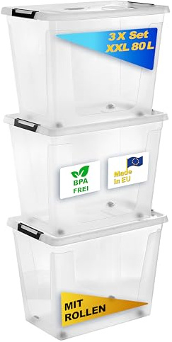 Gardissimo Aufbewahrungsbox Clip 80 Liter, 3er Set, transparent | mit Deckel und Rollen, Kunststoff Stapelboxen, Clip-Verschluss, BPA-frei, MADE IN Europe