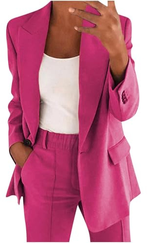 Generico Ensemble Femme Élégant Curvy Pantalons et Veste Tailleur Femme Légers Bureau Costume Slim Fit Vestes et Tailleur Femme Élégants pour le Printemps et l’Été, Rose chaude, XXX-Large