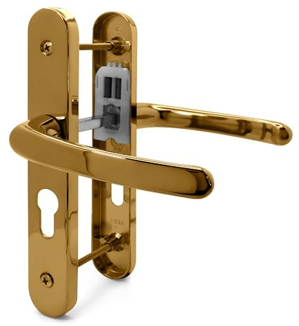 TSS UPVC Door Handle Set, 48mm PZ (Centres), Lever/Lever, Screw to Screw 160mm with Backplate 215mm x 34mm - Replacement PVC Door Handle (Polished Brass)