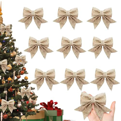 10 Pièces Arcs de Noël Pailletés, Noeud de Sapin Noel, Noeuds de Ruban de Noël, Noël Arbre Bow Pailletés Doré, Arcs de Noel Ruban, pour couronne de Noël ou Décorations d'arbres
