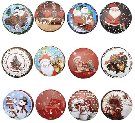 Warmhm 12StüCk Mini-Runde Weihnachtsdose Aus Blech 4.8 Cm Xmas Kleine Keksdose Mit Klassischen Weihnachtsmotiven Wiederverwendbar Geeignet FüR Geschenke SüßIgkeiten Und Weihnachtsdekorationen