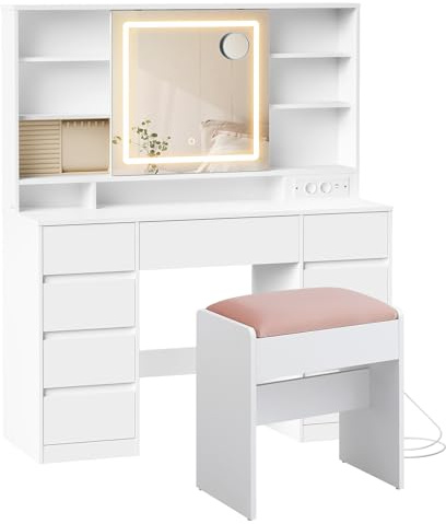 VASAGLE Kailyn Collection - Coiffeuse avec Miroir LED et Tabouret, Multiprise, 9 Tiroirs, Loupe 10x, Rangement Bijoux, Éclairage 3 Couleurs, Installation des Rails sans Outils, Blanc Nuage RDT737W01