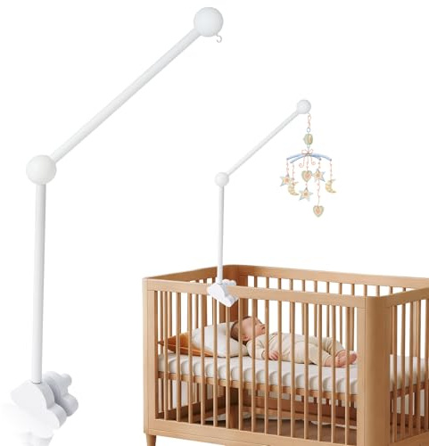 Mobilhållare i Trä för Spjälsäng och Skötbord, 360° Roterbar Mobilhållare för Baby, Vit Molndesign, Hållare för Babymobil, Speldosa och Hängande Babyleksaker