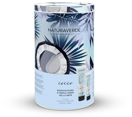 Naturaverde Gift Set Sensoriale Cocco - Bagnoschiuma 200ml e Crema Corpo 100ml, Confezione Cilindro Latta