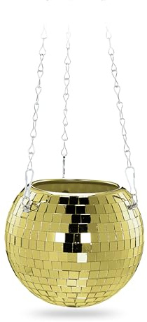 Relaxdays Discokula växtkruka, hängande blomkruka, glas, H x D: 13 x 15 cm, ampel hängande växter, guld