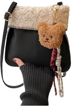 Fluffig tygväska lammpäls fluffig väska för kvinnor stil lurvig liten crossbody telefon, Svart, En Storlek