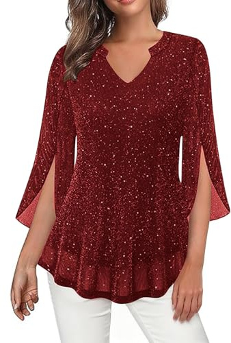 EMATOP Festliche Blusen Damen Elegant 3/4 Arm Oberteile Vintage Pailletten Tunika T-Shirt Bequem Einfarbig Blusenshirt V-Ausschnitt Sexy Pullover Silvester Party Tops Lässig Glitter Longbluse