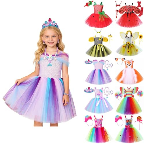 Generisch Set di abiti da Carnevale da ragazza, tutù per cosplay, fate, costumi in tulle, 2-12 anni, da principessa, Natale, per bambini, arcobaleno, per feste