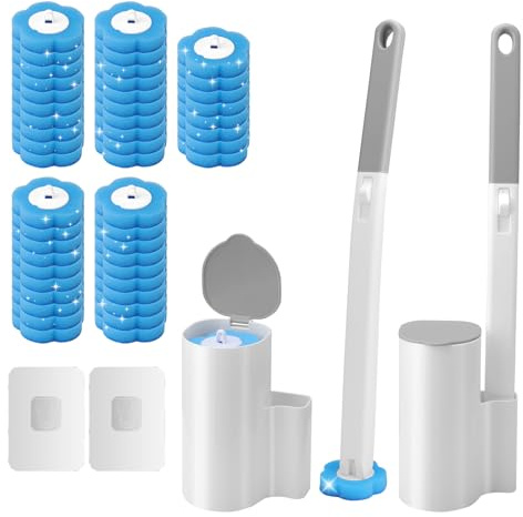 Cepillo de inodoro desechable, 2 unidades, sistema de limpieza de inodoro desechable con 48 esponjas de repuesto para limpieza de inodoro, fregadero, bañera, duchas, baño, paquete de 2 ganchos