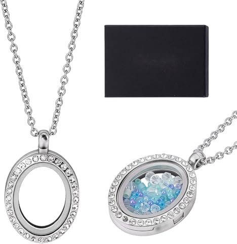 NBEADS 1 st medaljong hänge halsband och 1 st kartong smyckeskrin, bildram minne medaljong berlock flytande minne halsband för kvinnor årsdag minneshalsband tillverkning, silver