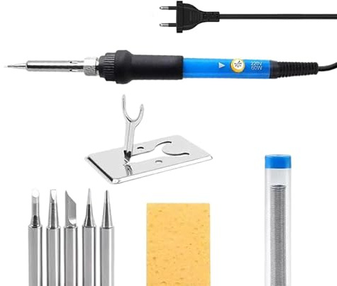 Kit Fer à Souder 9 Pièces 60W Température Réglable 200-450°C | 5 Pointes Incluses, Soudure Étain Incluse, Précision pour Travaux Délicats, Support et Éponge de Nettoyage Inclus