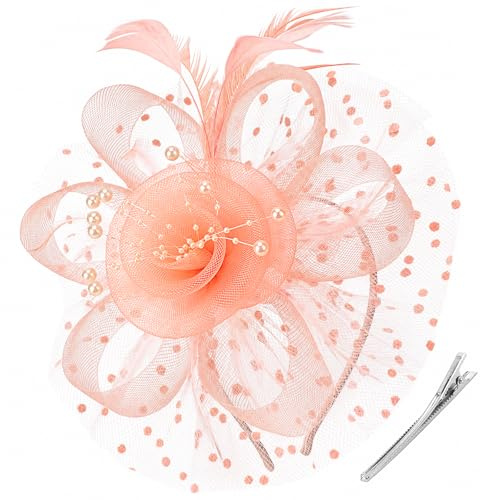 DRESHOW Fascinators Hat Flower Mesh Ribbons Feathers on a Headband and a Clip Tea Party Headwear for Girls and Women