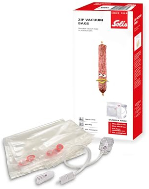 Solis Starter Kit mit Zip-Vakuumierbeuteln, 7-tlg.: 5x Einschweißbeutel, 1x Schlauchanschluss-Set für Vakuumiergerät/Vakuumierer, 1x Verschließhilfe | 5x Einschweißbeutel, 1x Schlauchanschluss-Set für Vakuumiergerät, 1x Verschließhilfe