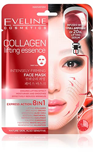 Eveline Cosmetics Maschera Lifting Viso Collagen Essence 8-in-1 Formula Coreana con Collagene, Orchidea, Cetriolo, Camomilla & Aloe - Siero Rivitalizzante 20ml per Pelle Matura e Sensibile