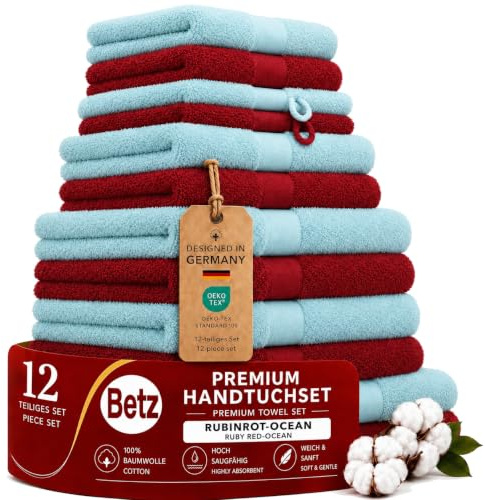 Betz Premium Handtuch-Set 12-teilig – 100% Baumwolle – Oeko-TEX® Zertifiziert – 470 g/m² – 2 Duschtücher, 4 Handtücher, 2 Gästetücher, 2 Seiftücher & 2 Waschhandschuhe - Farbe rubinrot/Ocean