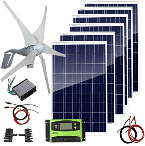 1000 Watts Solar Panel Wind Turbine Hybrid Kit: 6 pcs 100W Solar Panel +400W Wind Turbine Generator for Home House 12V 24V Battery