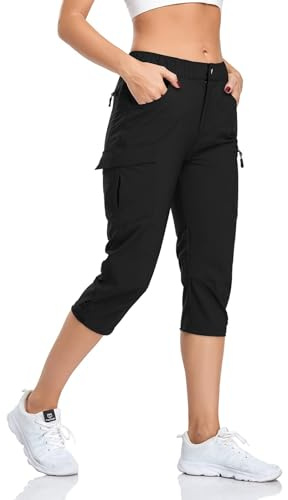 GymBrave Womens Outdoor Hiking Walking Trousers 3/4 Length Lightweight Quick Dry Water-Resistant Trekking Pants with Zipper Pockets