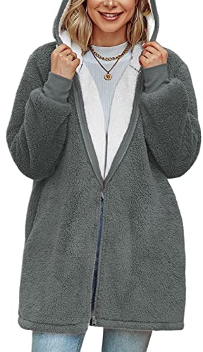 TOMEEK Veste Polaire Femme Chaud Sweat à Capuche Zippée à Capuche Hoodies Sweatshirt avec Poches Longues Manteau Femme Veste à Manches Automne Hiver, Gris foncé, Taille M