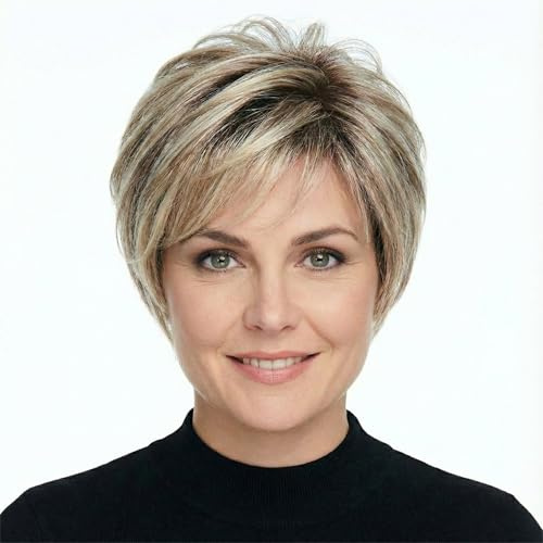 AIYLMZ Kurze ombreblonde Pixie-Schnitt-Perücken mit Pony für Frauen, ombreblond, stilvolle, flauschige, geschichtete, natürliche, flauschige, synthetische, gerade Perücken (Ombre-Blond)