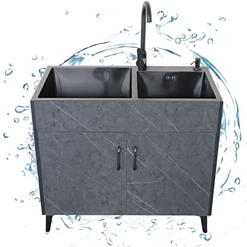 Mobile per Cucina Sottolavabo,Armadietto Sottolavabo con 2 Ante,Mobiletto Sottolavello Cucina con Rubinetto,Lavello da Cucina,Lavatoio da in Acciaio Inox Autoportante 2 Vasca,Arredobagno e Cucine ( Co