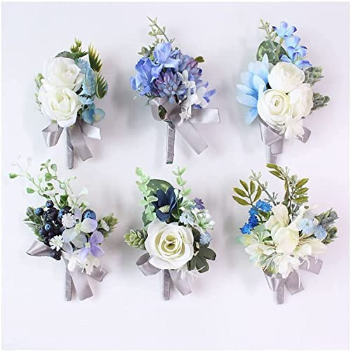 CAZARU Handgelenk-Corsage Bräutigam Knopflochblume Anstecknadel Braut Handgelenk-Corsage Weiß Blau Rose Armband Hochzeit Handgelenk-Corsage für Hochzeiten
