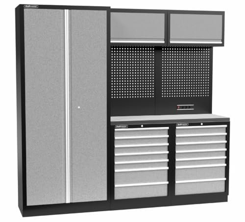 Kraftmeister Connecticut Werkstatteinrichtung - Männerküche mit 14 Schubladen und 3 Schränken - Werkzeugschrank, Garage - modulares Werkbank mit Edelstahl-Arbeitsplatte und Werkzeugwand - Grau