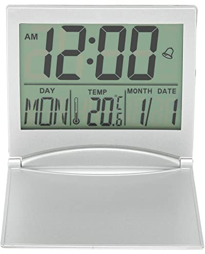 Digital Alarm Clock, Portable Compact Desk Electronic Alarm Clock LCD Clock, Large Number Display Foldable Calendar Temperature Timer Clock for Travel Home Decor