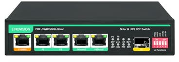 LINOVISION Solar-PoE-Switch mit integriertem Solar-Laderegler, Batteriemanagement und externer DC-Ladung, unterbrechungsfreie USV-Versorgung für bis zu 5 PoE-Kameras und PoE-24V-Geräte