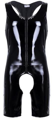 Xnihocha Men's Wet Look PVC Leather Front Zipper Boxer Shorts Leotard Sleeveless Party Club Bodysuit Black 4XL