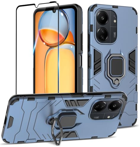 Btstring Funda para Xiaomi Redmi 13C / Xiaomi Poco C65 con Cristal Templado Protector Pantalla, Carcasa Antigolpes con Soporte anular metálico, Case Protectora de Grado Militar, Azul